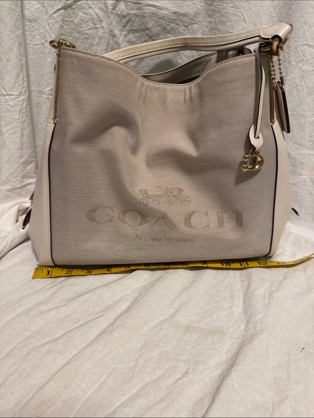 COACH Cream Canvas & Leather Shoulder Bag with Gold Hardware